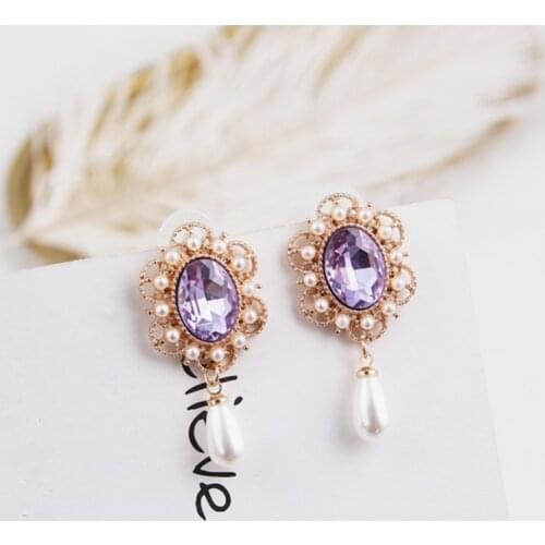 Vintage Korean Purple Rhinestone Charm Simulated Pearl Pendant Drop Earring Elegant Luxury Statement Women Brinco Jewelry 5A1035