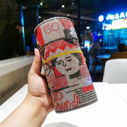 A Roll Of Dollar Printing Rhinestones Evening Bags Women Luxury Crystal Diamonds Round Clutch Purse Ladies Chain Shoulder Bags