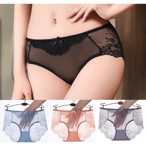 Womens Sexy Lace Panties Transparent Large Size Seamless Hollow Mesh Bowknot Pure Cotton Low-rise Invisible Breathable Briefs