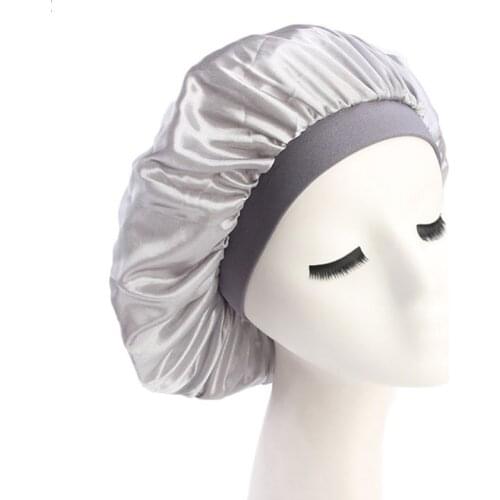 Womens Faux Silk Bonnet Cap Wide Elastic Band Solid Night Sleep Hat Wrap Pleated