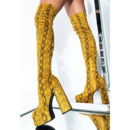 Newest Woman Fashion Yellow Python Platform Over The Knee Boots Chunky Heels Round Toe Elastic Snake Skin Long Boots Shoes