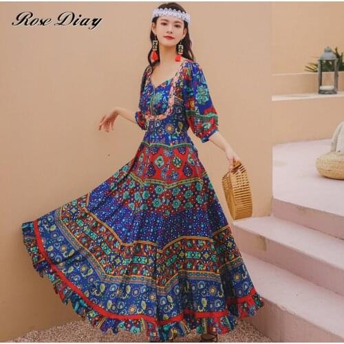 RoseDiary Women Elegant Long Dress half Sleeve High Waist Belt V-Neck Dress Robe Ladies Vintage Pattern Print Maxi Dresses