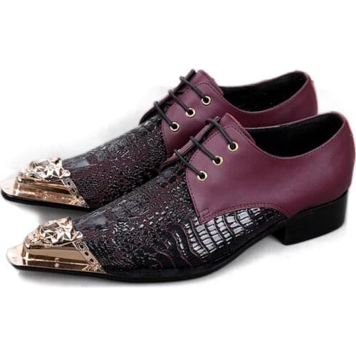 Batzuzhi Luxury Handmade Mens Leather Shoes Gold Pointed Iron Toe Red Leather Dress Shoes Men Designer Men Wedding Shoes