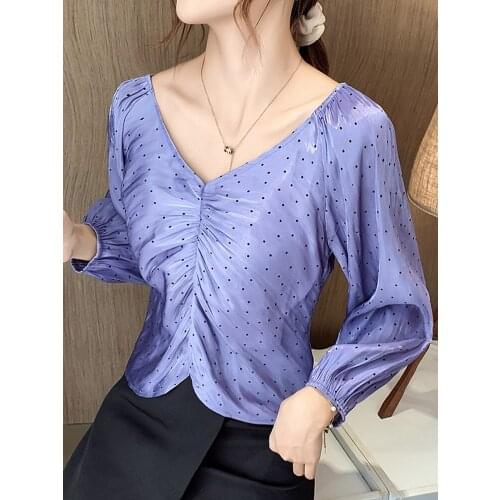 Autumn Long Sleeve Women Blouses Blouse Women Blusas Mujer De Moda 2021 V-Neck Dot Chiffon Blouse Shirt Tops Women Blusa D596