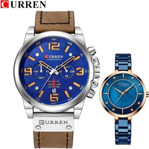 CURREN Women Couple watches for Lovers Leather Stainless steel 1 Pair Lady Watch Mens Women Quartz Wrist watches Set