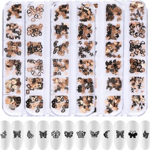 Nail Art Black Slices Sequins 3D Flakes Rose Gold Silver Metal Moon Butterfly Jewelry Mixed Design DIY Charms Tips Decoration