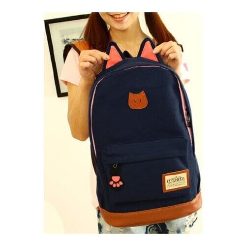 New fashion cat ears canvas printing backpack school bags for teenage girls cute book bags women school backpack