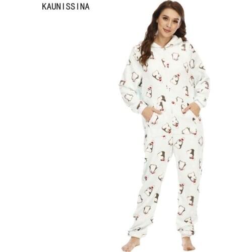 Onesies Women Winter Flannel Animal One-Piece Pajamas Suit Nightwear Long Sleeve Hooded Zipper Pockets Sleepwear Cute Pajamas