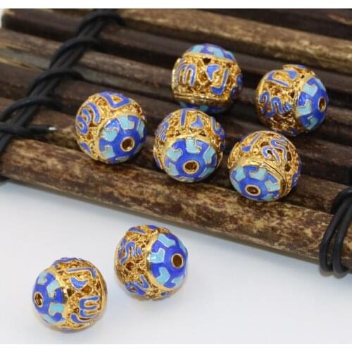 Elegant 5pcs 12mm gold-color round ball cloisonne hollow enamel accessories spacers beads high quality jewelry findings B2518