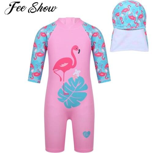 Child Girls Bathing Suit Summer Kids Beach Sets Zippered Flamingo Printed Swimming Suits Rash Guard with Swimming Cap 2pcs Sets