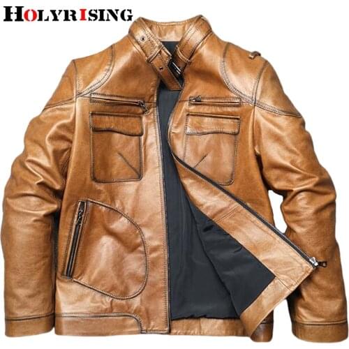 Men sheepskin jackets genuine leather stand collar retro bomber motorcycle multi pockets male motor zipper clothing 19553