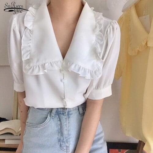 Short Sleeve Casual Chiffon Shirts Female Korean Chic Sweet Peter Pan Collar White Blouse Women Blusas Fashion Ladies Tops 14142