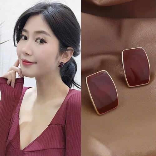 TIMEONLY Luxury Enamel Square Stud Earrings Red Color Oil Metal Elegant Charms Earring Korean Style Anniversary Gifts Jewellery