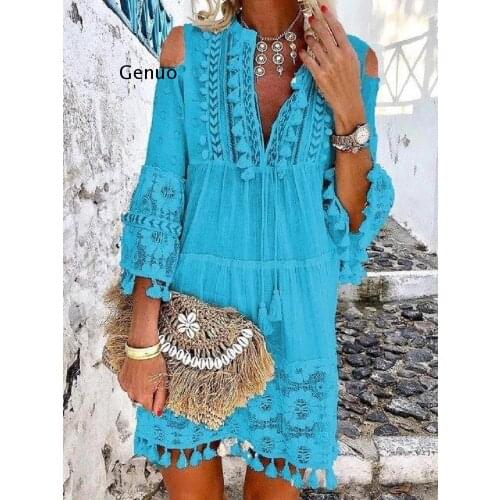 Summer Tassel Boho Dress Women V Neck Seven Sleeve Loose Short Dresses Femme Holiday Bohemian Chic Dress Plus Size Rode