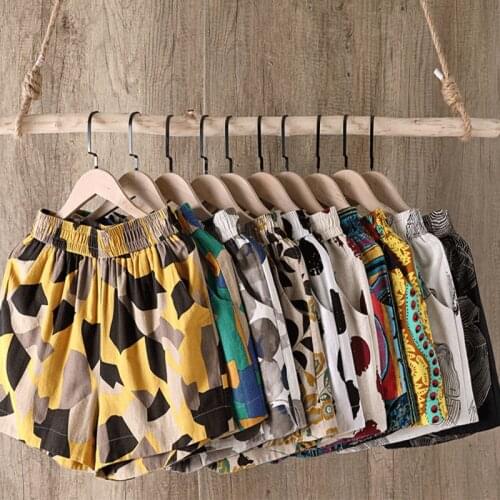 Cotton Linen Shorts Women Summer New Vintage Print Loose Shorts Women Casual Lady Elastic Waist Beach Correndo Short Pants