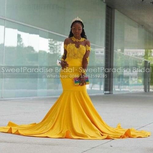 Gold Yellow Long Sleeves Evening Dresses With Appliques Mermaid Sheer Neck Chapel Train African Women Celebrity Dress Party