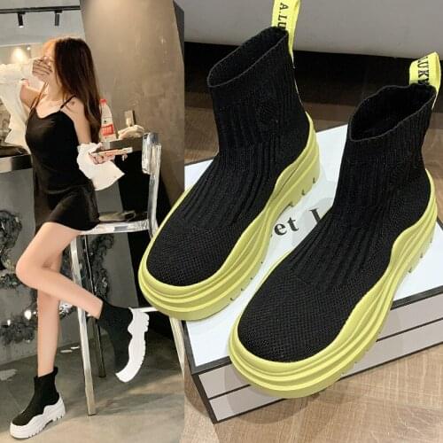 YSHUNIJ 2021 Autumn New Elastic High-top Mid-tube Short Boots Korean Version of Martin Boots Thick-soled Fashion Sports Trend