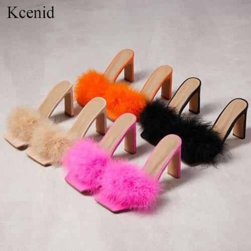 Kcenid 2020 Summer fur slippers woman fashion feather high heels woman square toe mules lady slides shoes plus size new size 41