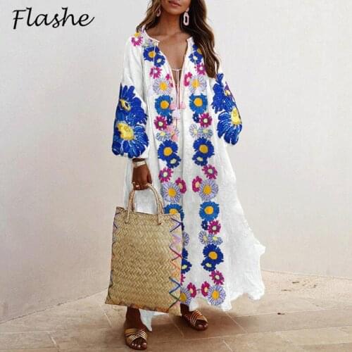 Spring Summer Sundress Women Maxi Long Dress Vintage V Neck Party Dress 2021 Casual Long Sleeve Long Dress Women Plus Size