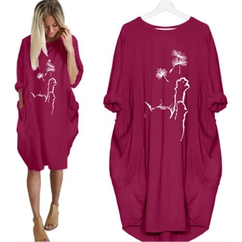 Women Casual Loose Pocket Autumn Midi Dress 2021 Cute Cat Play Dandelion Print O-Neck Long Sleeve Plus Size Dresses For Fat Girl