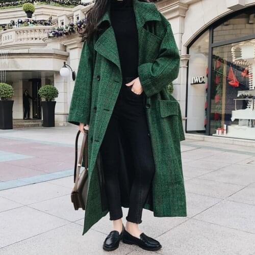 U-SWEAR Fashion Autumn Double Breasted Notech Casual Loose Big Size Long Type Green Plaid Women Woolen Coats Manteau Femme