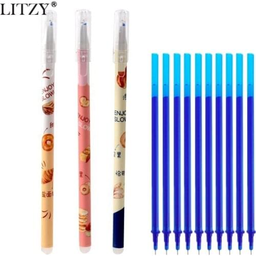 3+10Pcs/Set Kawaii Bread Erasable Washable Handle Erasable Pen Refill 0.38mm Blue Ink Gel Pens for School Office Supplies