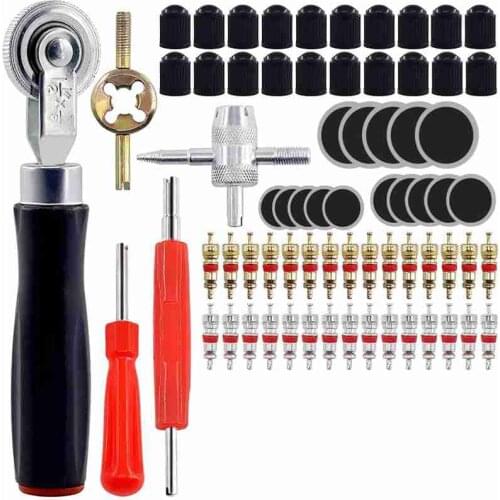 70Pcs Tire Patch Roller Tool Set, Includes Valve Cores Tire Valve Caps Tire Repair Patches & Head Valve Core Repair Tool