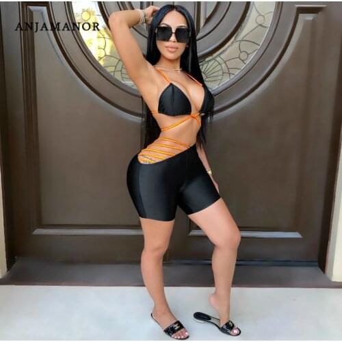 ANJAMANOR Cute 2piece Matching Sets Crop Top Shorts Sexy Bathing Suits 2020 Bikini Two Piece Set Women Tracksuits D42-BG15