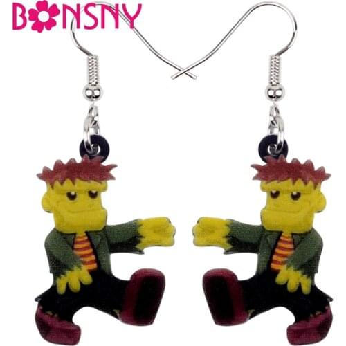 Bonsny Acrylic Halloween Happy Walking Zombie Earrings Drop Dangle Cartoon Anime Jewelry For Women Girls Party Game Decorations