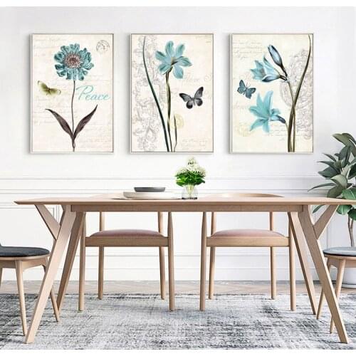 HAOCHU American Pastoral Classical Flowers Butterfly Text Triple Decorative Canvas Painting For Living Room Bedroom Wall Poster