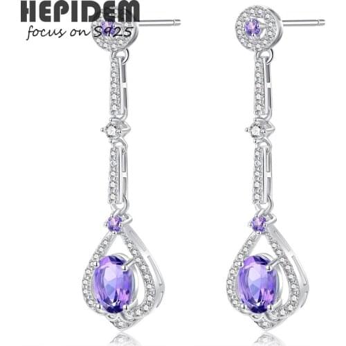 HEPIDEM 100% Amethyst 925 Sterling Silver Stud Earrings 2022 Trend Women Purple Stone Gem Gemstones Gift S925 Fine Jewelry 5226