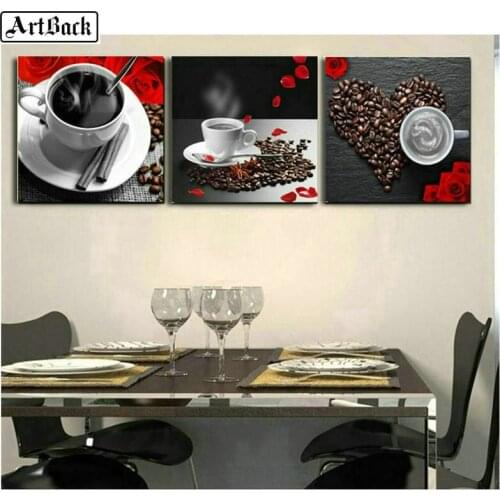 ArtBack three fight 5d diamond painting coffee heart picture full drill square landscape diamond mosaic room decoration 3pcs