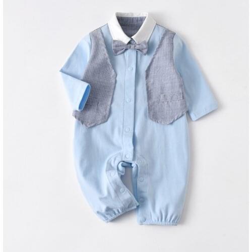Baby Boy Jumpsuits Blue Boys Tie Gentleman Onesie Long Sleeve Spring Outfits Infant Baby Rompers 1st Birthday Clothes For Boys