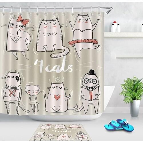 LB Cute Cartoon Kittens Shower Curtain Funny Doodle Cats Set Animal Bathroom Waterproof Polyester Fabric for Kids Bathtub Decor