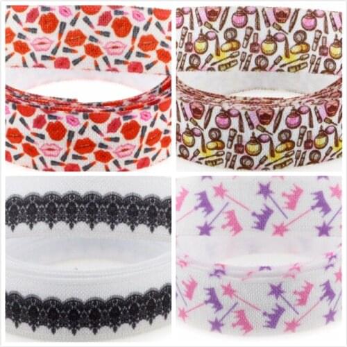5/8"16mm Fashion Series Lipsticks Perfume Crown Star Patterns Printed Fold Over Elastic Ribbon Girly DIY Hair Band 50yards/roll