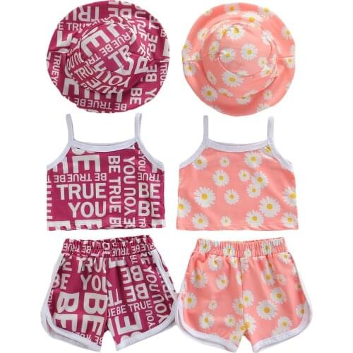 Summer Toddler Clothing Kids Baby Girls Flower/Letter Print U-shaped Neck Tank Top Shorts Wide-brim Hat 3pcs Outfits