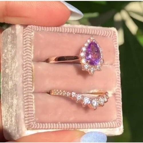 Milangirl 2Pcs/Set Pear-shape Pink Zircon Bridal Rings Set Fashion Wedding Band Jewelry Promise Love Engagement Ring for Women