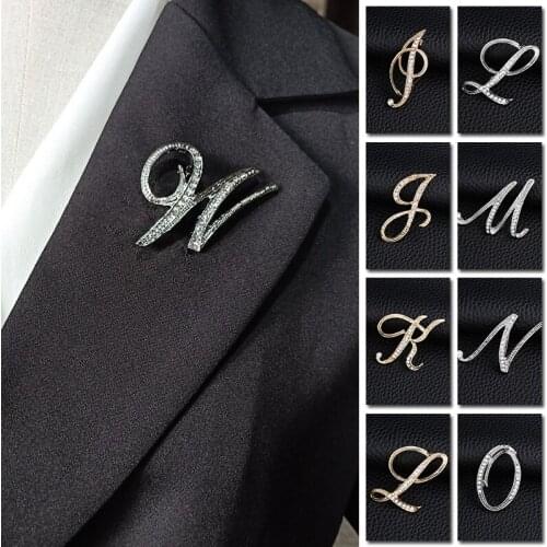 Fashion A-Z Letter Cute Brooch For Women Men Rhinestones Silver Color Metal Pins Suit Shirt Jewelry Accessories Christmas Gift