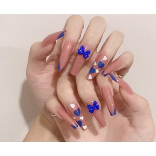 Fake Nails Pink And Blue French Style Peach Heart Butterfly Full Cover Fake Nails DIY Glue Press On Nails Nail Art Tools
