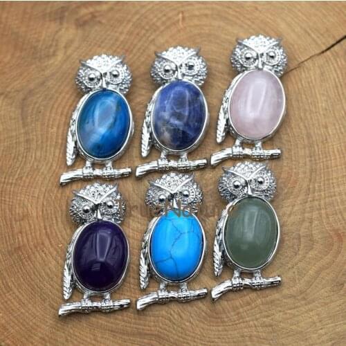 Natural Necklace Owl Pendant Jewelry Malaysian Jades Aventurines Agates Rose Quartzs Oval Owl Pendants In 19*38 mm PM7620