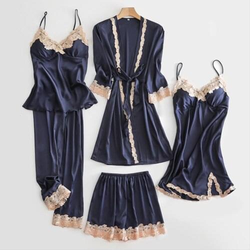 Womens pajamas summer sexy five-piece ice thin silk slip nightdress nightgown with chest pad spring and autumn homewear