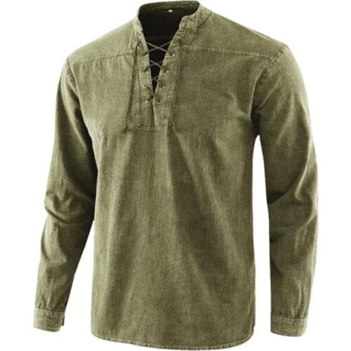 New Fashion Men T-shirt Tee Long Sleeve Retro Solid Tshirt Eaby Medieval Lace Up V Neck Loose Casual T Shirt For Men Tee Tops