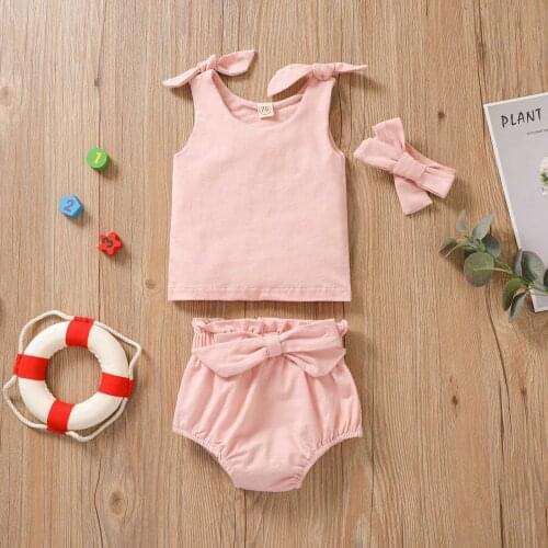 Pudcoco Newborn Baby Girl Clothes Sleeveless Tie Knot Tank Top Vest Bloomers Headband 3Pcs Solid Color Baby Girl Summer Clothes