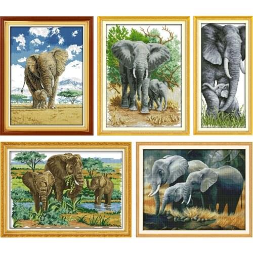 Joy Sunday Cross Stitch Kit Elephants Stamped Printed 11CT 14CT Counted Craft Kits Embroidery Needlework Handmade Decoration Set