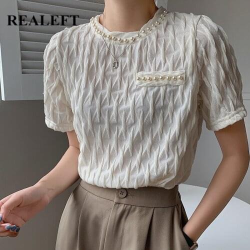 REALEFT Summer 2021 New Elegant Short Sleeve Lace Womens T-Shirts Beading Patchwork O-Neck Casual Loose Female Shirts Tops Tee