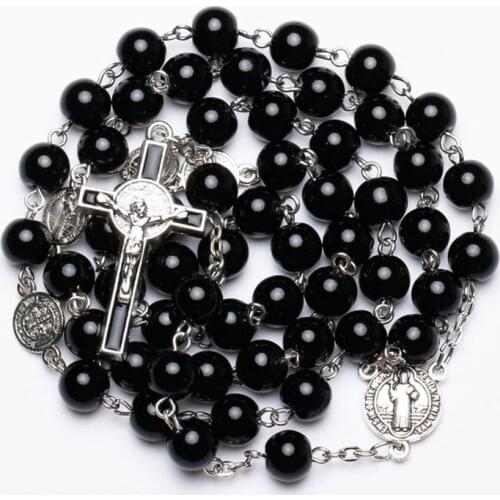 Religious Jewelry 2pcs/set Christian Jesus Virgin Mary Cross Rosary Black Beads Necklace Bracelet Set