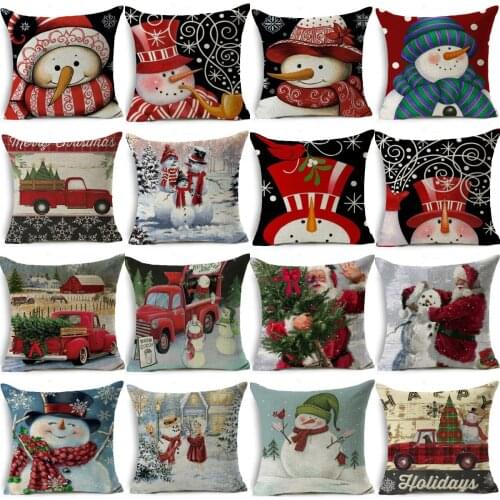Christmas Pillow Cushion Covers Snowman Linen Cotton Throw Pillow Covers Christmas Home Decoration Sofa Couch Pillow Case 18X18"
