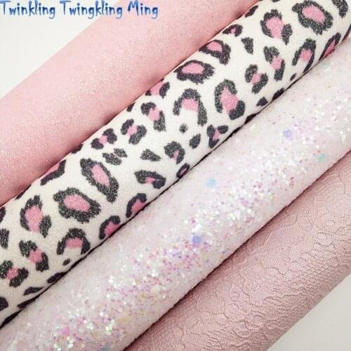 PINK Glitter Fabric, Leopard Printed Synthetic Leather, Metallic Faux Fabric Sheets For Bow A4 21x29CM Twinkling Ming XM025B
