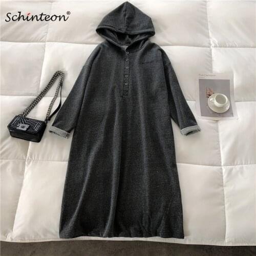 Schinteon Women Loose Long Casual Button Dress Cotton Long Sleeved with Hood Spring Fall Comfortable Hoodies Simple Solid Color