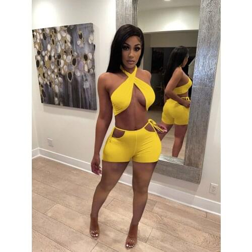 Sexy Cross Bandage Crop Top + Shorts Club Party Two Piece Set Women Outfits
